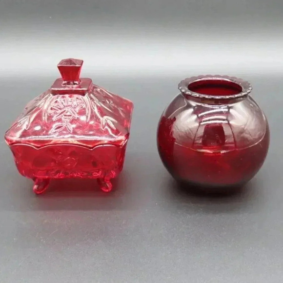 Red Glass Vase and Covered Candy Trinket Dish Set of two - Picture 1 of 5